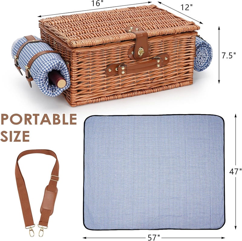 WILLOW WEAVE Picnic Basket for 4, Insulated Willow Picnic Baskets with Shoulder Strap, Picnic Hamper with Waterproof Picnic Blanket, Handmade Wicker Hamper for Outdoor, Great Gifts for Thanksgiving, Christmas - Image 5